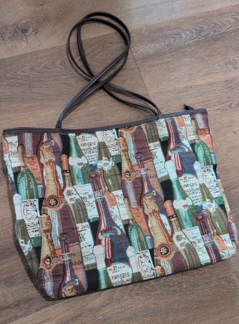 Tapestry Wine Bottle Print Tote Bag in Brown and Multi